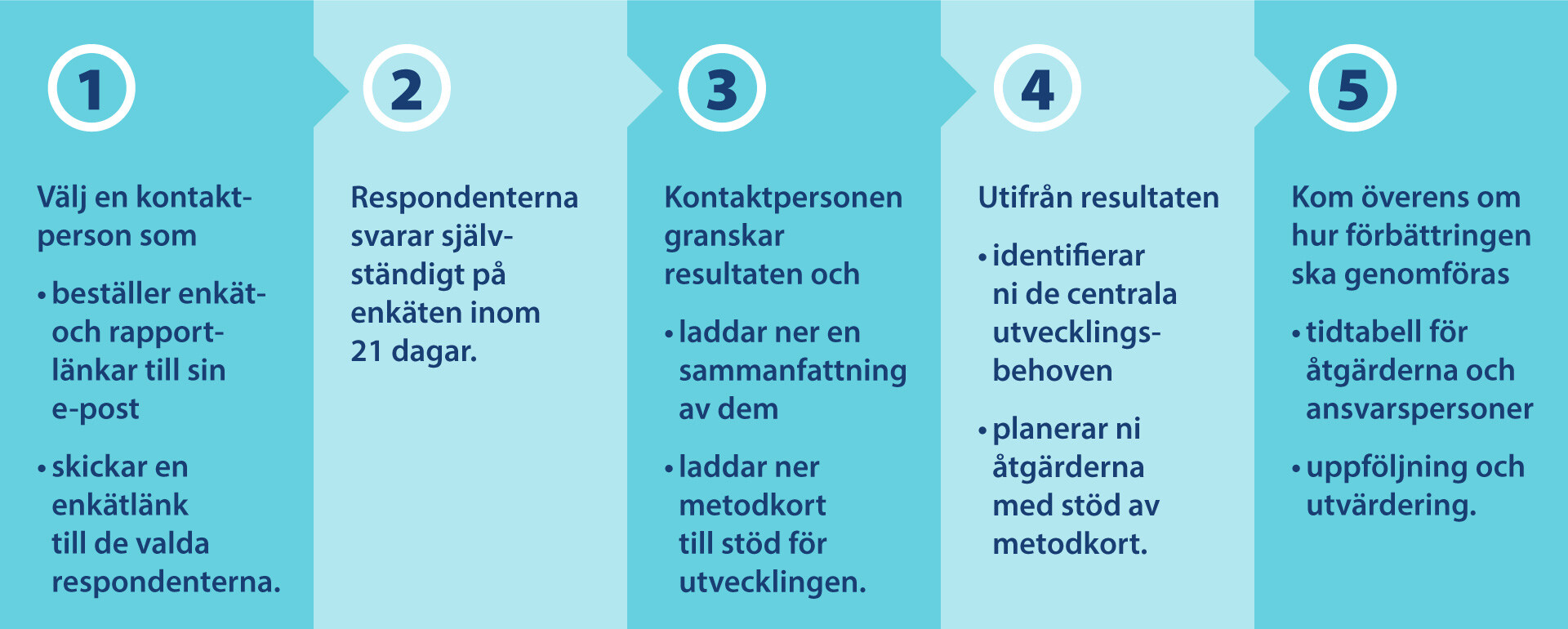 1. Välj en kontaktperson som beställer enkät- och rapportlänkar till sin e-post och skickar en enkätlänk till de valda respondenterna. 2. Respondenterna svarar självständigt på enkäten inom 21 dagar. 3. Kontaktpersonen granskar resultaten och laddar ner en sammanfattning av dem och laddar ner metodkort till stöd för utvecklingen. 4. Utifrån resultaten identifierar ni de centrala utvecklingsbehoven och planerar ni åtgärderna med stöd av metodkorten. 5. Kom överens om hur förbättringen ska genomföras: tidtabell för åtgärderna och ansvarspersoner och uppföljning och utvärdering.